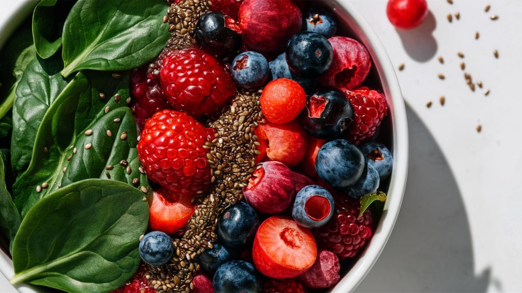 A colorful bowl of mixed berries, spinach, and chia seeds