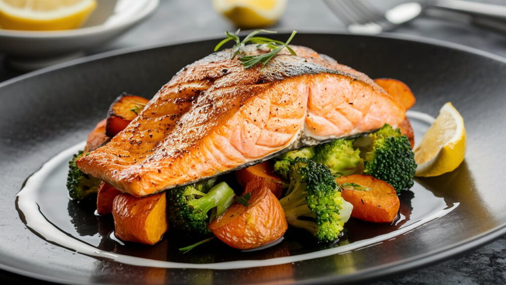 A plate of grilled salmon with roasted broccoli and sweet potatoes