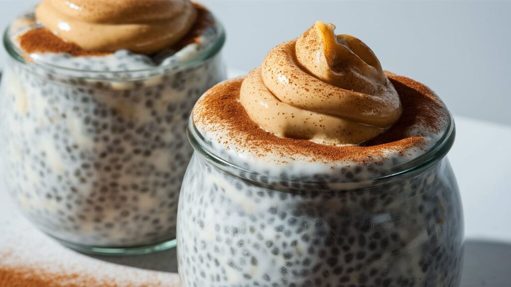 A jar of overnight chia pudding topped with almond butter and cinnamon