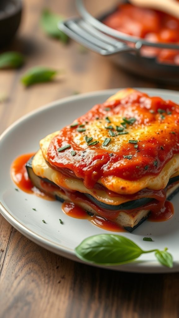 A plate of Baked Eggplant Parmesan with marinara sauce and cheese.