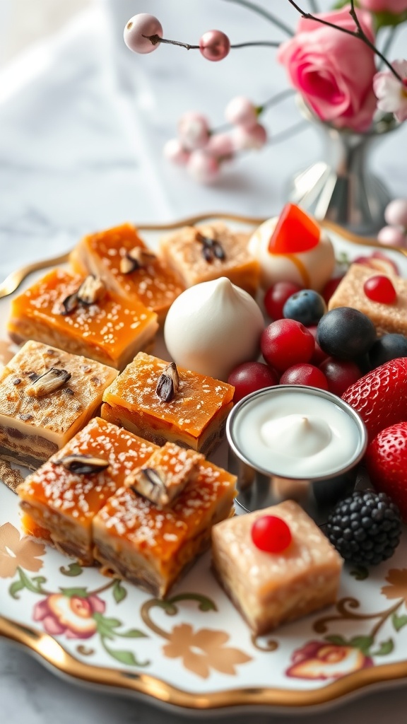 An assortment of Mediterranean desserts including halva and colorful fruits.