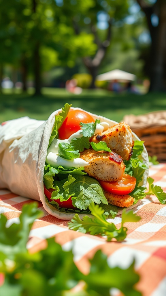 Mediterranean wraps filled with chicken, tomatoes, and greens, wrapped in a tortilla.