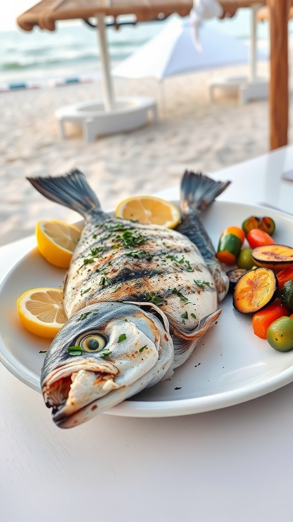 A whole grilled fish garnished with herbs and lemon slices, served with colorful vegetables.