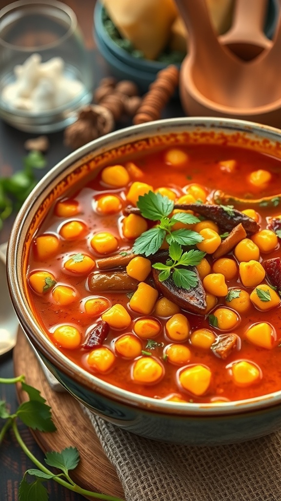 A bowl of hearty Mediterranean chickpea stew, garnished with fresh herbs.