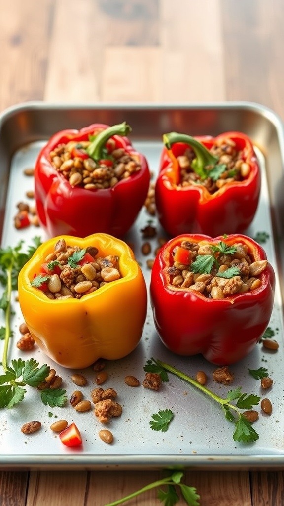 Lentil and vegetable stuffed peppers on a baking tray.