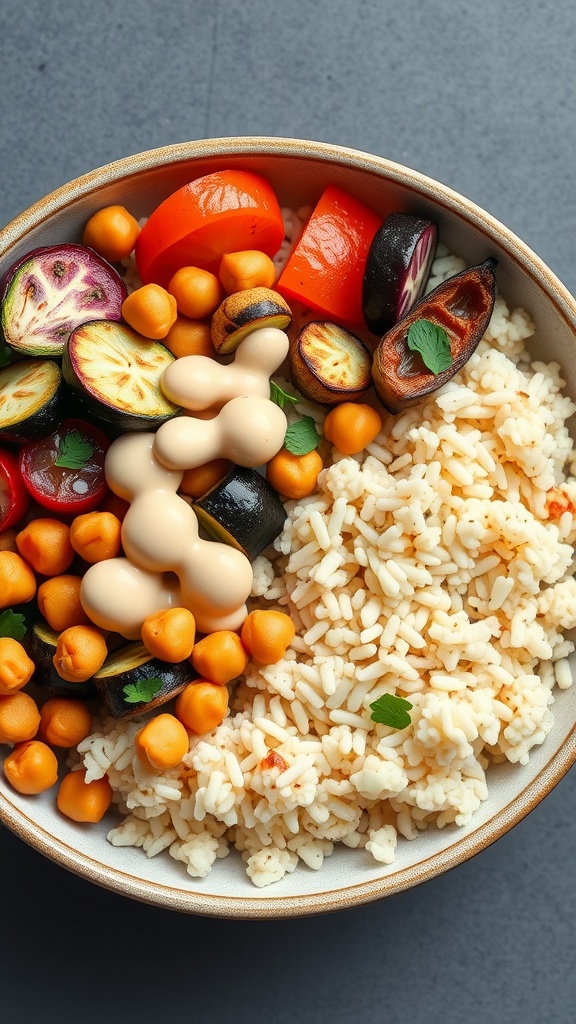 A colorful Mediterranean Cauliflower Rice Bowl with chickpeas and roasted vegetables.
