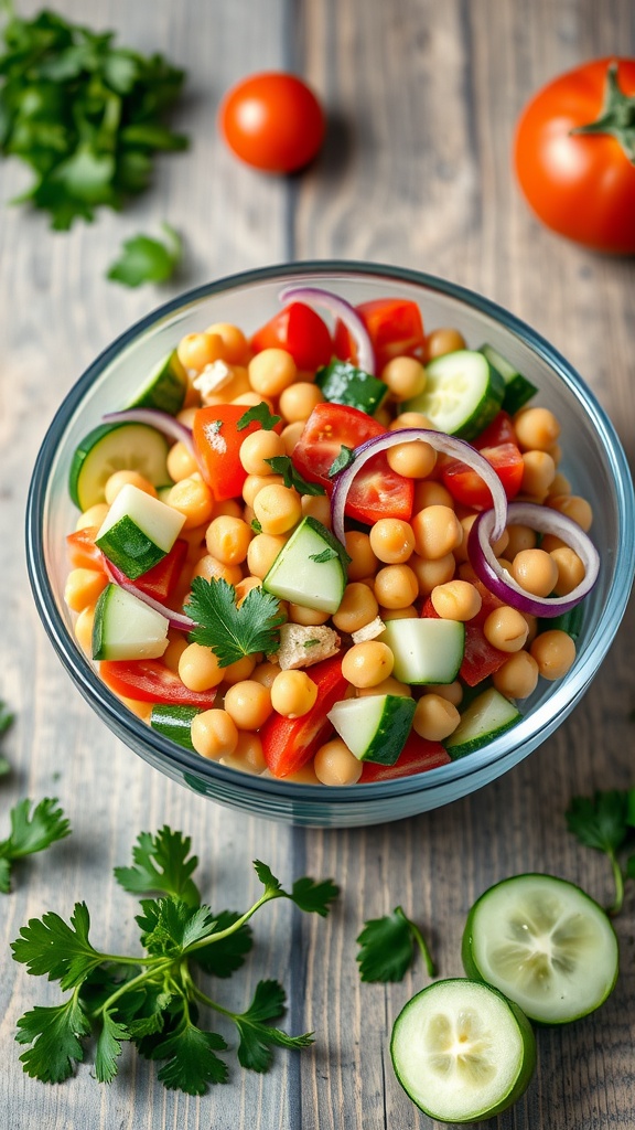 A bowl of Mediterranean chickpea salad with vibrant vegetables
