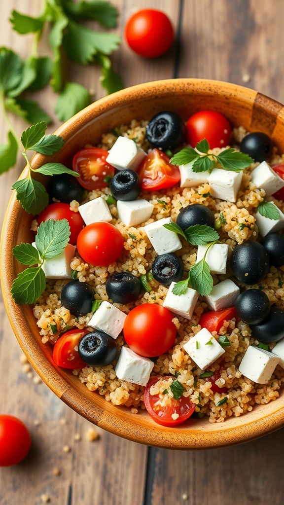 A vibrant Mediterranean quinoa salad with cherry tomatoes, black olives, feta cheese, and fresh herbs.