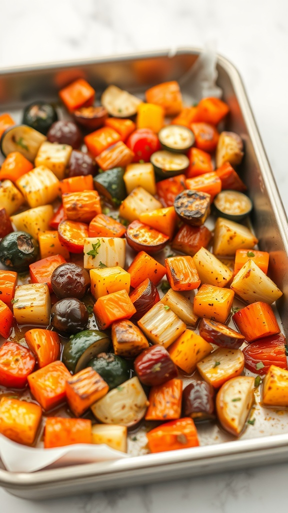A vibrant mix of roasted vegetables including bell peppers, zucchini, cherry tomatoes, and red onions seasoned with herbs.