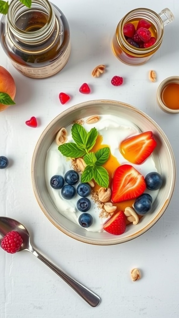 A colorful bowl of yogurt topped with fresh fruits, nuts, and honey.