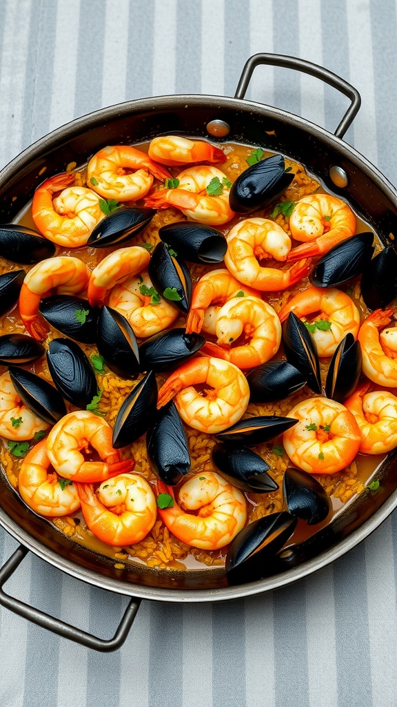 A vibrant seafood paella featuring shrimp and mussels on a bed of saffron rice.