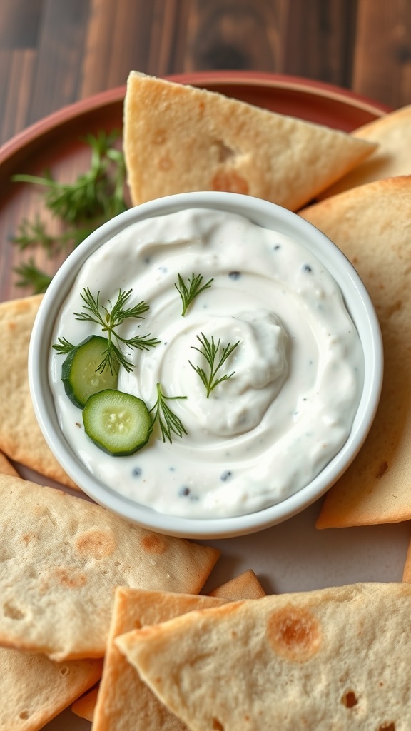 A bowl of traditional Greek tzatziki sauce surrounded by pita chips and garnished with cucumber and herbs.