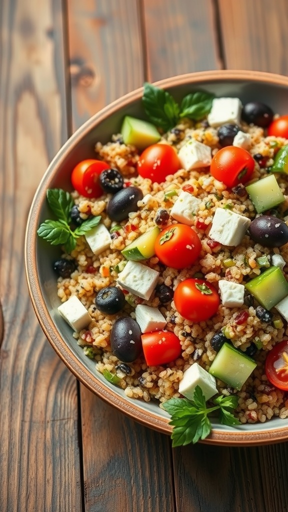 A vibrant Mediterranean grain salad featuring colorful vegetables and feta cheese.